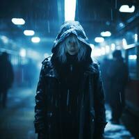 uma mulher dentro uma Preto casaco em pé dentro a chuva generativo ai foto