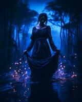 uma mulher dentro uma Preto vestir em pé dentro a água com fada luzes generativo ai foto