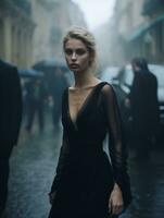 uma mulher dentro uma Preto vestir caminhando baixa uma rua dentro a chuva generativo ai foto