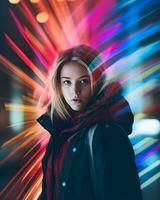 uma mulher dentro uma Preto Jaqueta é em pé dentro frente do uma colorida luz generativo ai foto