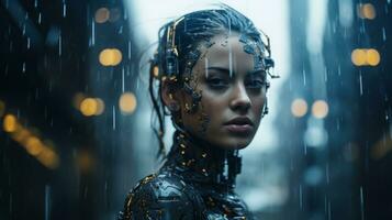 uma mulher dentro uma futurista terno em pé dentro a chuva generativo ai foto