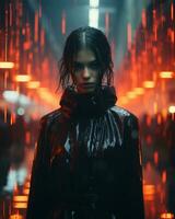 uma mulher dentro uma capa de chuva em pé dentro frente do vermelho luzes generativo ai foto