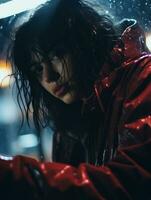 uma mulher dentro uma vermelho Jaqueta em pé dentro a chuva generativo ai foto
