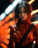 uma mulher dentro uma vermelho couro equipamento em pé dentro frente do néon luzes generativo ai foto