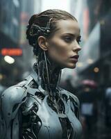 uma mulher dentro uma robô terno em pé dentro a chuva generativo ai foto