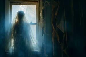 uma mulher dentro uma véu é em pé dentro frente do uma janela generativo ai foto