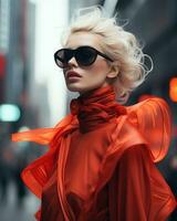 uma mulher dentro oculos de sol e uma vermelho vestir em a rua generativo ai foto