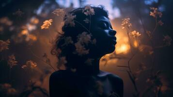 uma mulher é recortado dentro a Sombrio com flores dentro frente do dela generativo ai foto