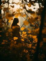 uma mulher é recortado dentro uma floresta com amarelo folhas generativo ai foto