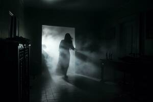 uma mulher é em pé dentro uma Sombrio quarto com fumaça chegando Fora do a porta generativo ai foto