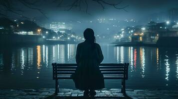 uma mulher sentado em uma Banco de a água às noite generativo ai foto