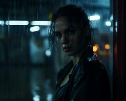 uma mulher em pé dentro a chuva às noite generativo ai foto