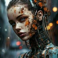 uma mulher com uma robô cabeça e face dentro a chuva generativo ai foto