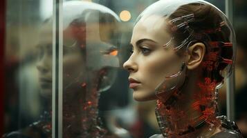 uma mulher com uma robô cabeça dentro frente do uma vidro janela generativo ai foto