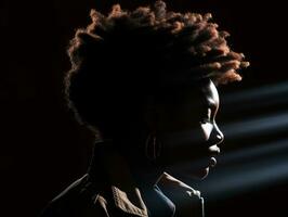 uma mulher com a afro é recortado contra uma Sombrio fundo generativo ai foto