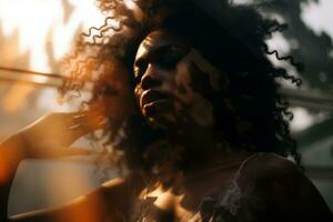 uma mulher com a afro dentro frente do a Sol generativo ai foto