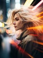 uma mulher com dela cabelo sopro dentro a vento em uma cidade rua generativo ai foto