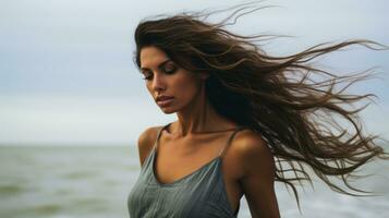 uma mulher com grandes cabelo em pé em a de praia generativo ai foto