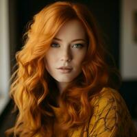 uma mulher com grandes vermelho cabelo e azul olhos generativo ai foto