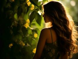 uma mulher com grandes cabelo em pé dentro frente do verde plantas generativo ai foto