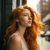 uma mulher com grandes vermelho cabelo olhando Fora uma janela generativo ai foto