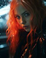 uma mulher com vermelho cabelo dentro a chuva generativo ai foto