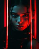 uma mulher com vermelho néon luzes em dela face generativo ai foto