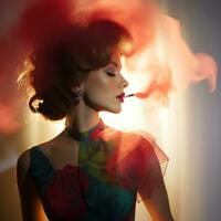 uma mulher com vermelho fumaça chegando Fora do dela boca generativo ai foto