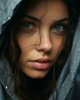 uma mulher com molhado cabelo e chuva gotas em dela face generativo ai foto