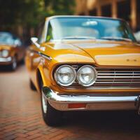 uma amarelo carro estacionado em a lado do a estrada generativo ai foto