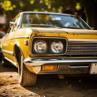 uma amarelo carro estacionado em a lado do a estrada generativo ai foto