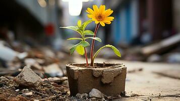 uma amarelo flor crescendo Fora do uma cimento Panela generativo ai foto