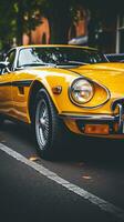 uma amarelo Esportes carro estacionado em a lado do a estrada generativo ai foto