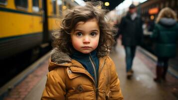 uma jovem criança em pé dentro frente do uma trem generativo ai foto