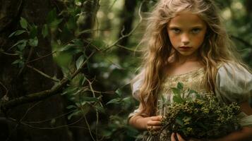 uma jovem menina segurando uma grupo do plantas dentro a madeiras generativo ai foto
