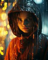 uma jovem menina dentro uma chuva casaco em pé dentro frente do luzes generativo ai foto