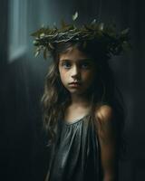 uma jovem menina vestindo uma guirlanda em dela cabeça generativo ai foto