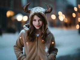 uma jovem menina vestindo chifres em dela moletom com capuz dentro a neve generativo ai foto
