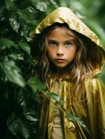 uma jovem menina vestindo uma ouro capa de chuva dentro a madeiras generativo ai foto