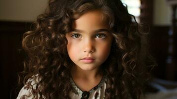 uma jovem menina com encaracolado cabelo olhando às a Câmera generativo ai foto