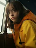 uma jovem mulher dentro uma amarelo Jaqueta sentado em uma trem olhando Fora a janela generativo ai foto