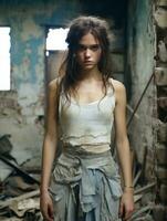 uma jovem mulher em pé dentro a abandonado construção generativo ai foto
