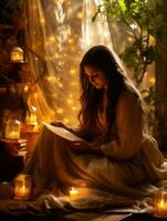 uma jovem mulher é lendo uma livro dentro frente do velas generativo ai foto