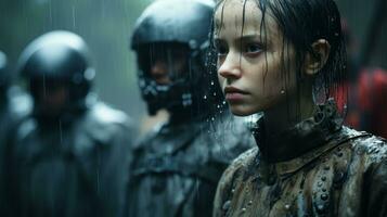 uma jovem mulher em pé dentro a chuva com de outros pessoas dentro a fundo generativo ai foto