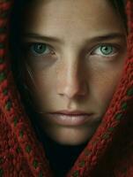uma jovem mulher com verde olhos e uma vermelho moletom com capuz generativo ai foto