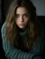 uma jovem mulher com grandes cabelo e azul olhos generativo ai foto