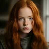 uma jovem mulher com vermelho cabelo e azul olhos generativo ai foto