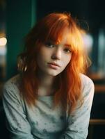 uma jovem mulher com vermelho cabelo sentado às uma mesa generativo ai foto