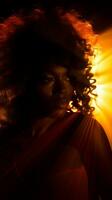 a africano americano mulher com brilhante vermelho cabelo dentro a Sol generativo ai foto