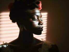 a africano americano mulher com vermelho flores dentro dela cabelo generativo ai foto